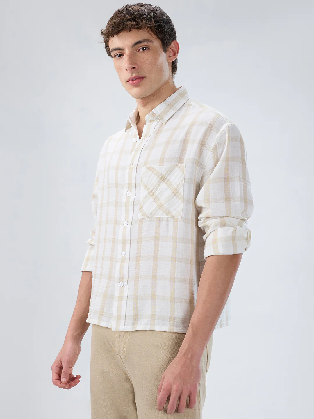 Warm Beige Checks Fine-Weave Boxy Fit Crop Shirt - Image 6