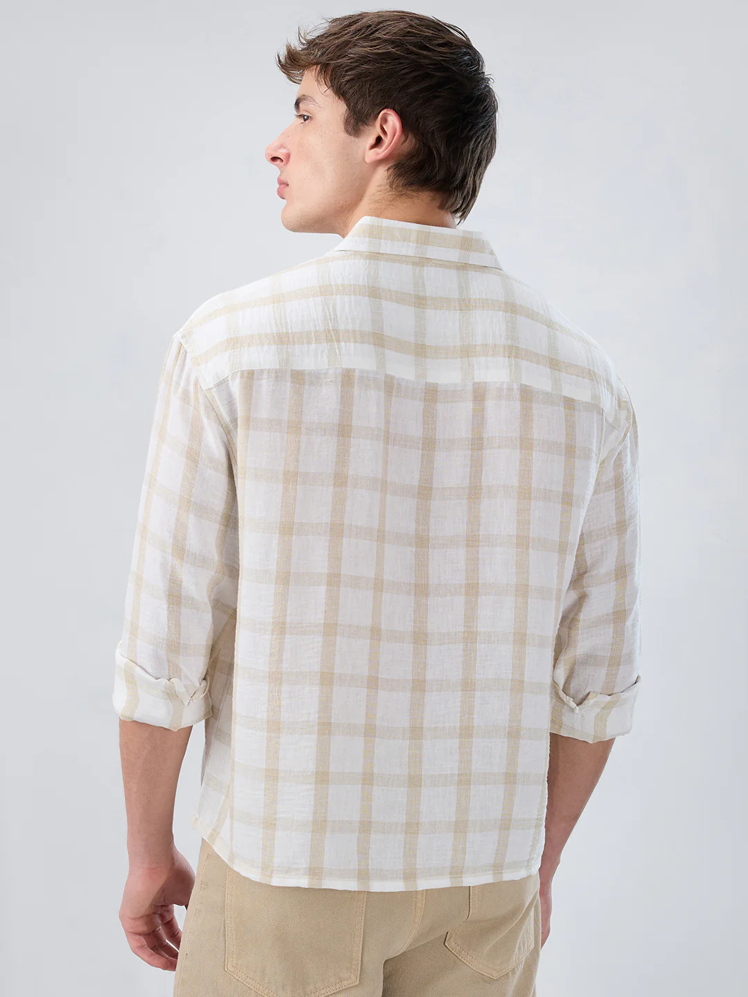Warm Beige Checks Fine-Weave Boxy Fit Crop Shirt - Image 7