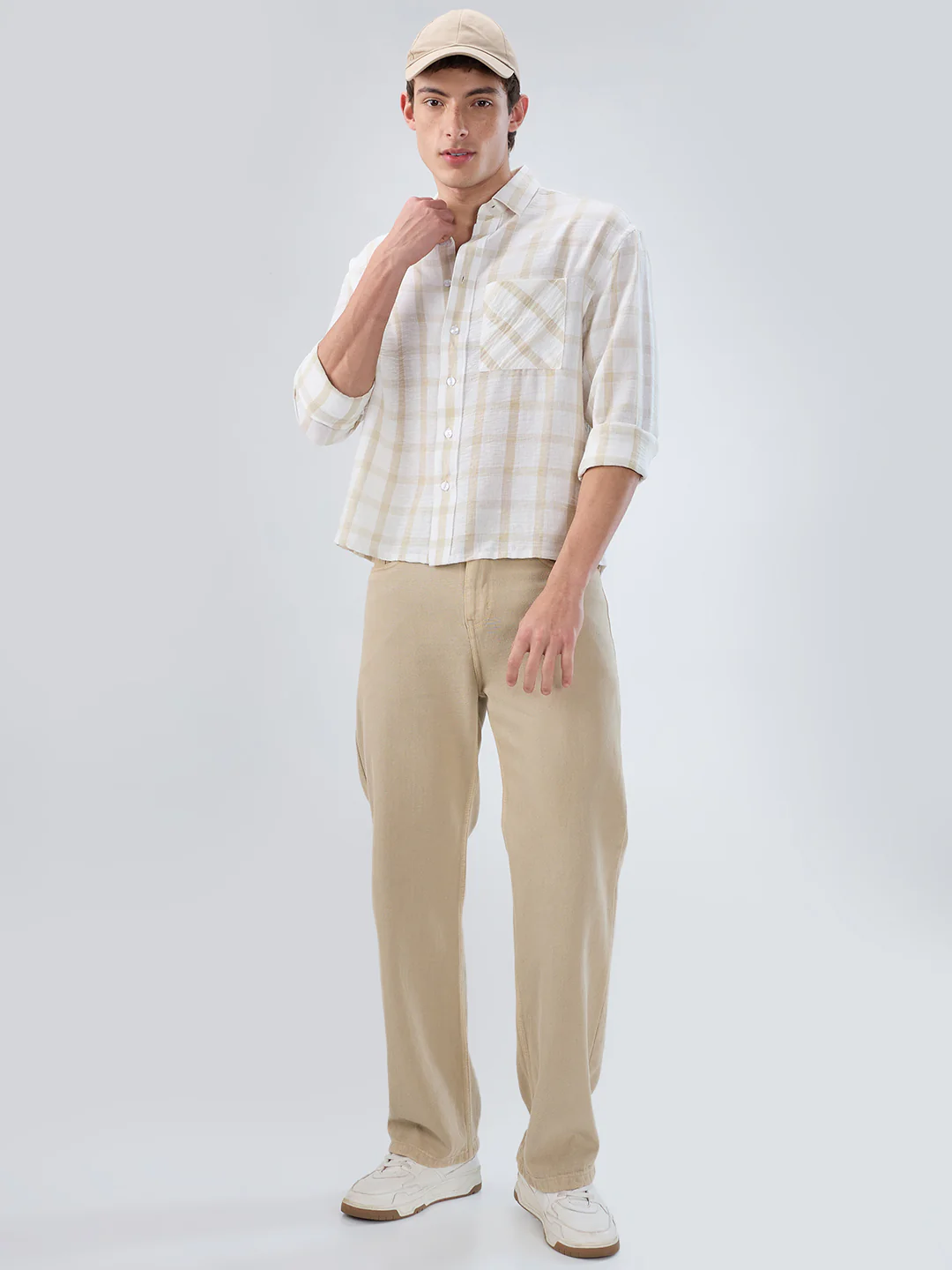 Warm Beige Checks Fine-Weave Boxy Fit Crop Shirt - Image 8