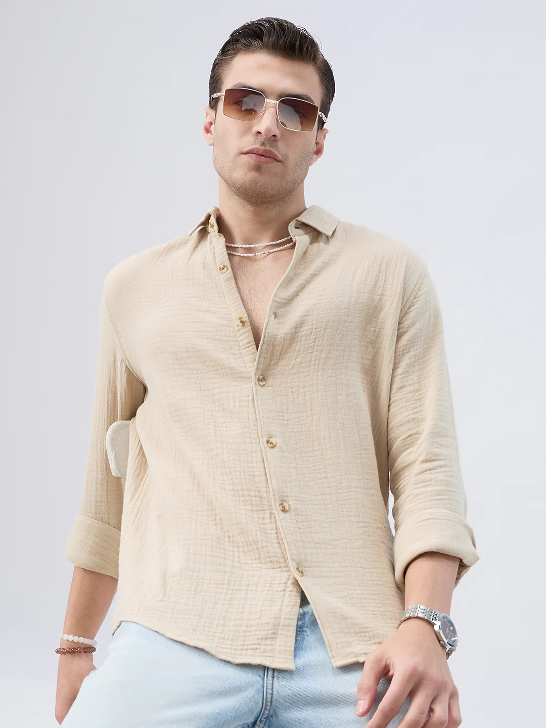 Warm Beige Double Cloth Shirt - Image 4