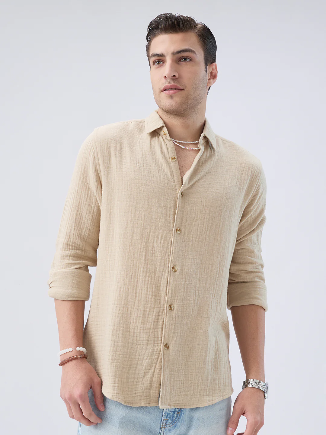 Warm Beige Double Cloth Shirt - Image 5
