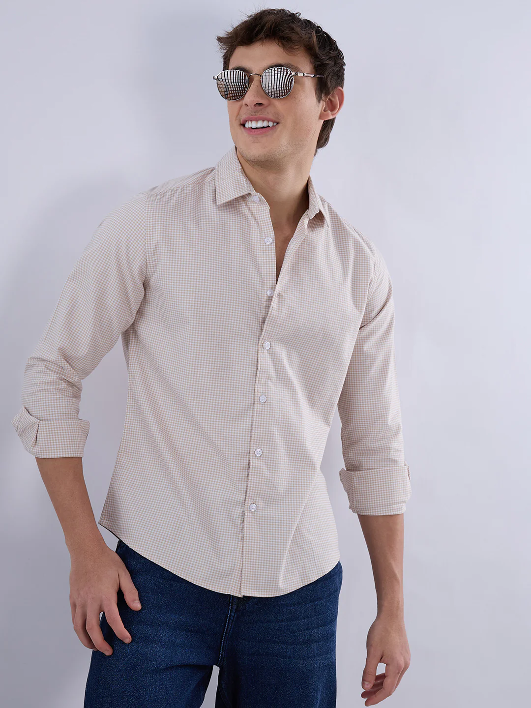 Warm Beige Micro Gingham Checks Oxford Shirt - Image 2