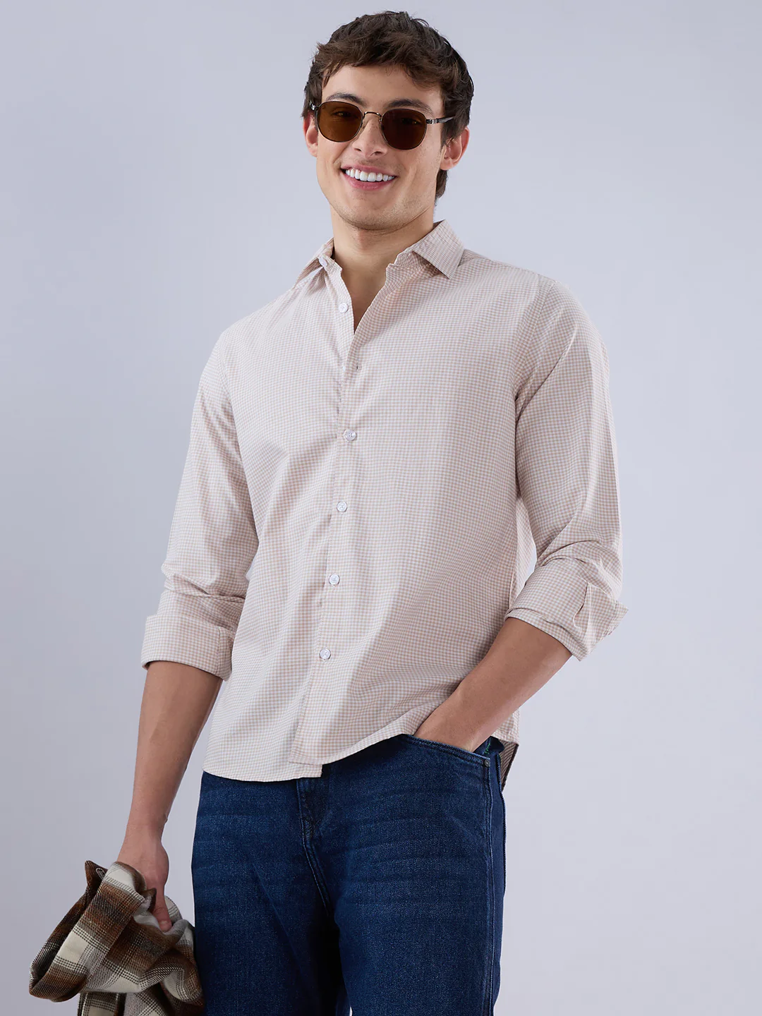 Warm Beige Micro Gingham Checks Oxford Shirt - Image 4