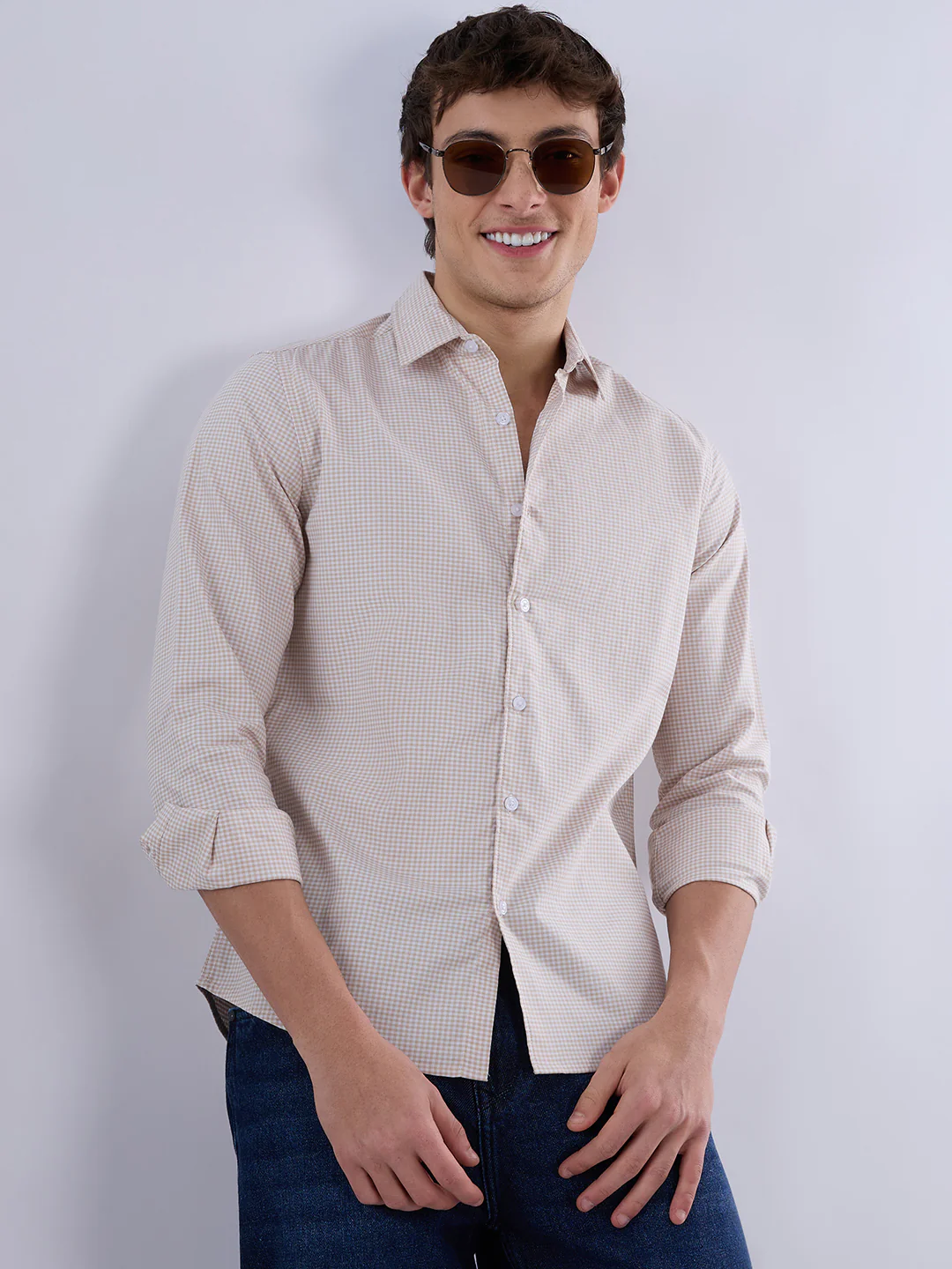 Warm Beige Micro Gingham Checks Oxford Shirt - Image 5