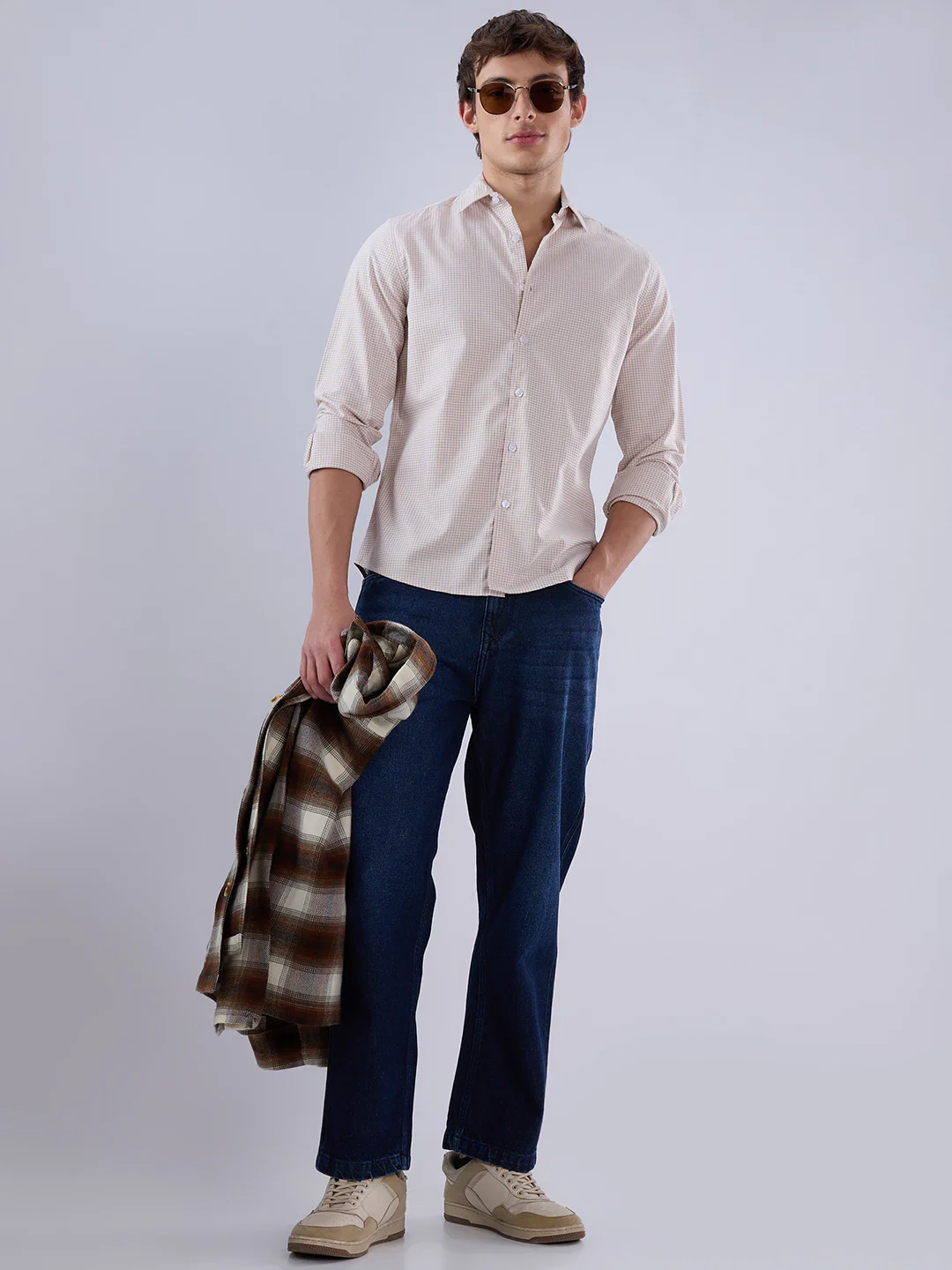 Warm Beige Micro Gingham Checks Oxford Shirt - Image 7