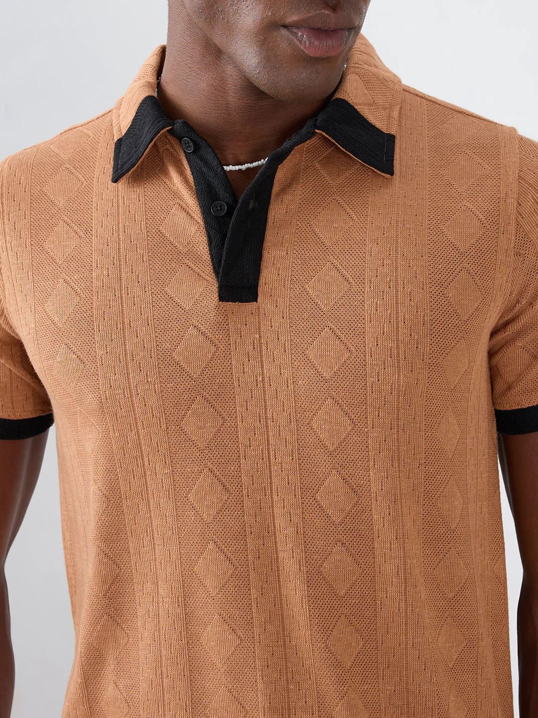 Warm Brown Diamond Weave Contrast Polo Knit T-shirt - Image 3