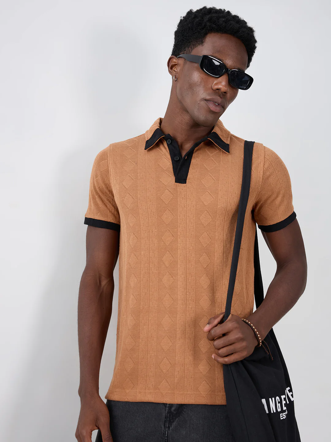 Warm Brown Diamond Weave Contrast Polo Knit T-shirt - Image 5