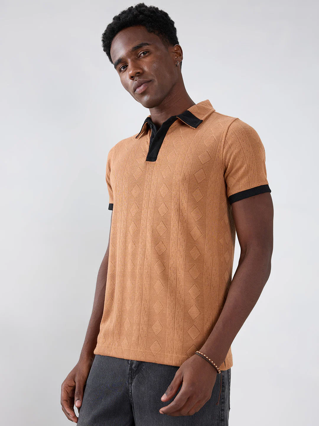 Warm Brown Diamond Weave Contrast Polo Knit T-shirt - Image 6