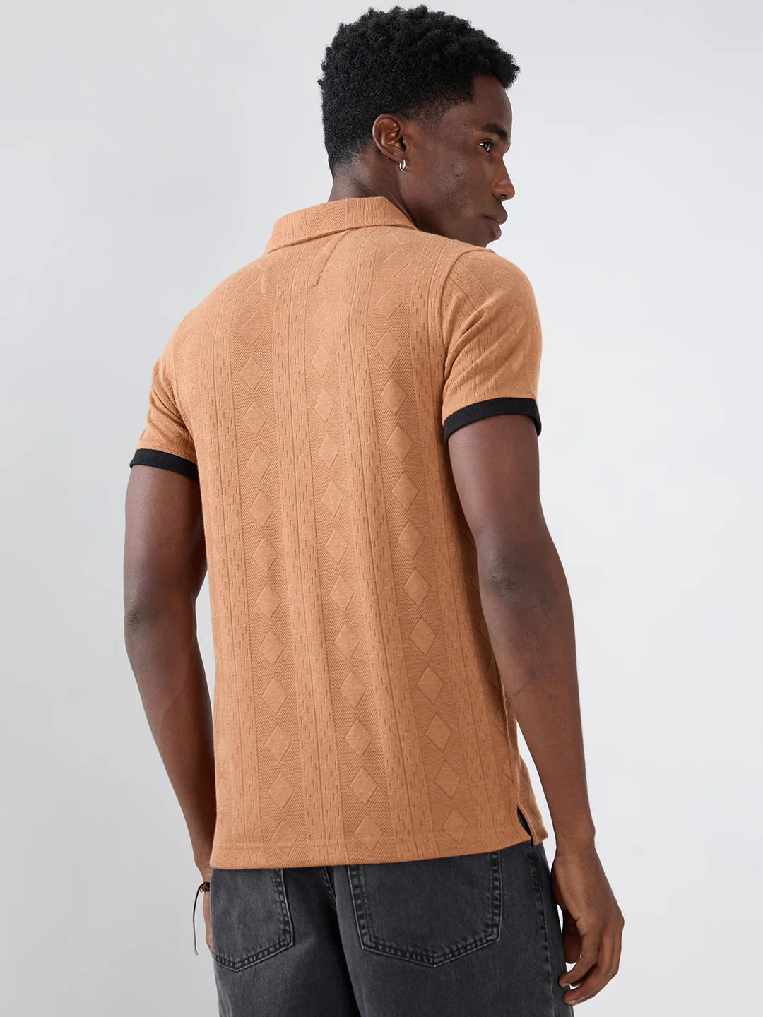 Warm Brown Diamond Weave Contrast Polo Knit T-shirt - Image 7