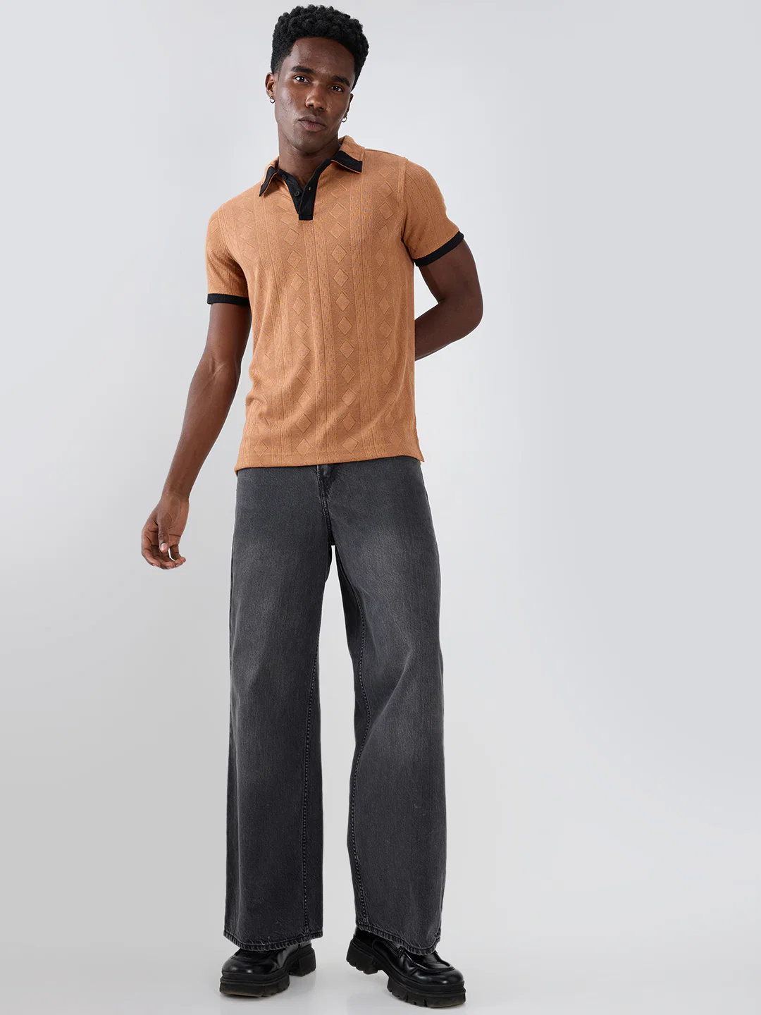 Warm Brown Diamond Weave Contrast Polo Knit T-shirt - Image 8