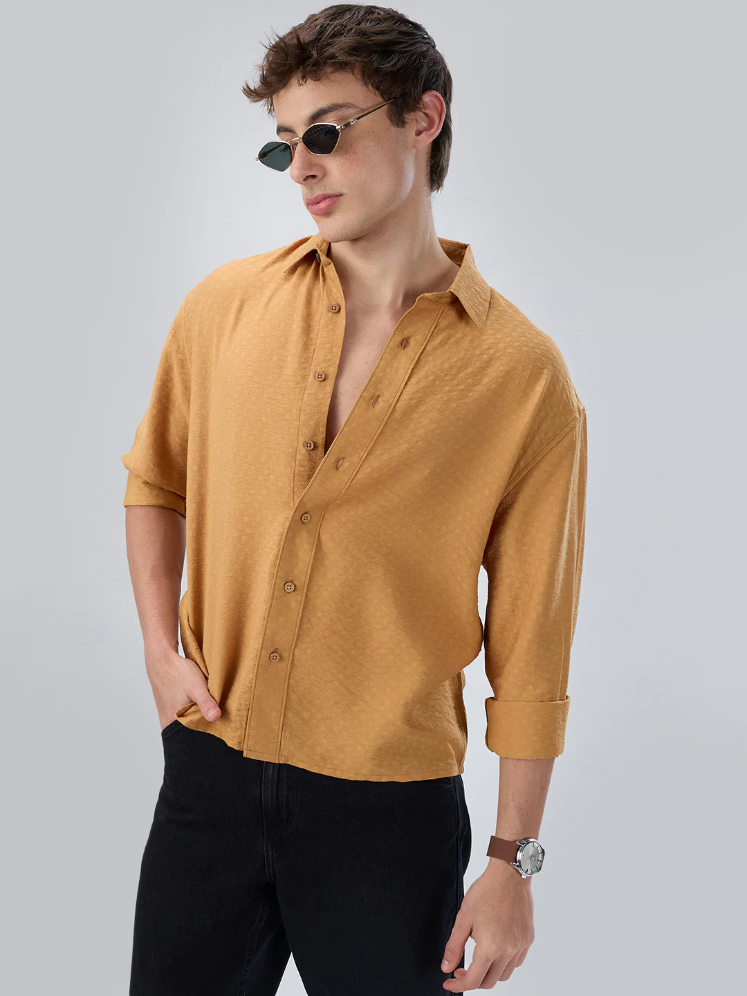 Warm Mustard Sun-Cured Lightweight Textured Boxy Fit Crop Shirt - Image 2