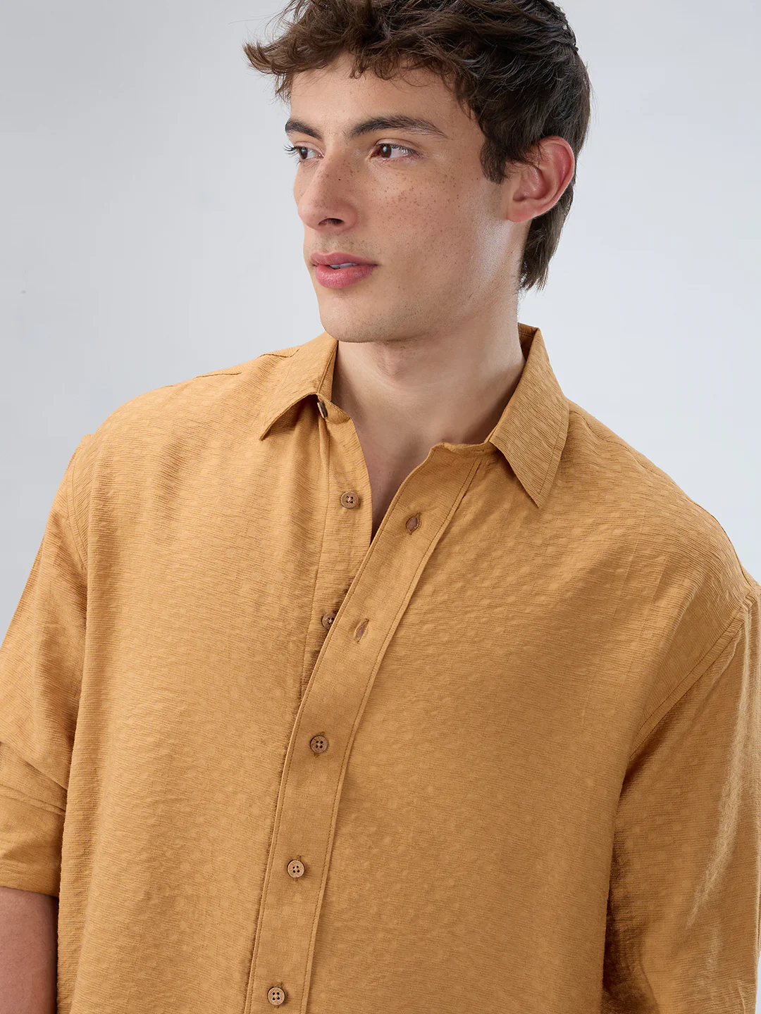 Warm Mustard Sun-Cured Lightweight Textured Boxy Fit Crop Shirt - Image 3