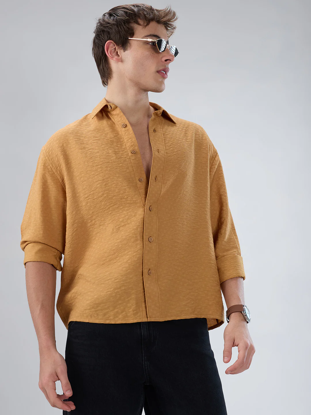 Warm Mustard Sun-Cured Lightweight Textured Boxy Fit Crop Shirt - Image 4