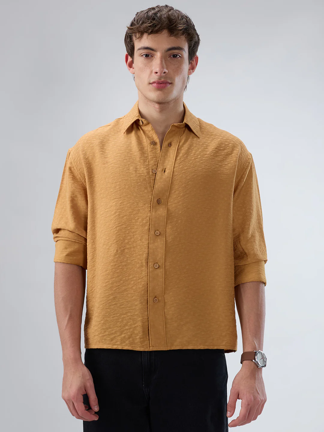 Warm Mustard Sun-Cured Lightweight Textured Boxy Fit Crop Shirt - Image 5