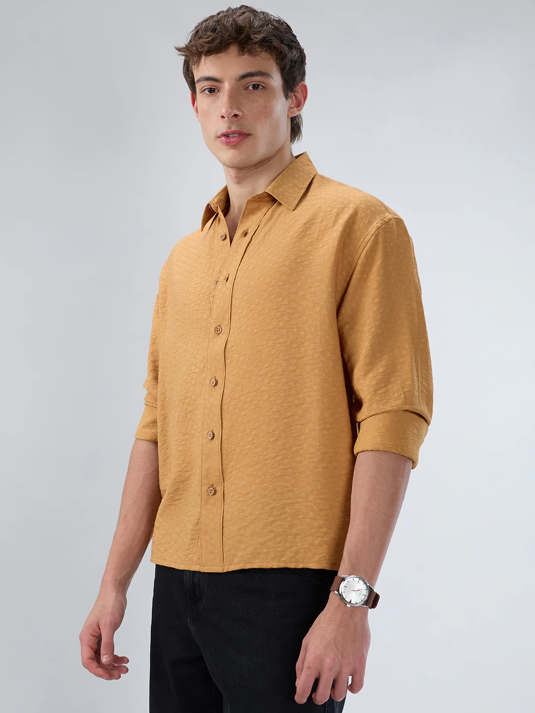 Warm Mustard Sun-Cured Lightweight Textured Boxy Fit Crop Shirt - Image 6