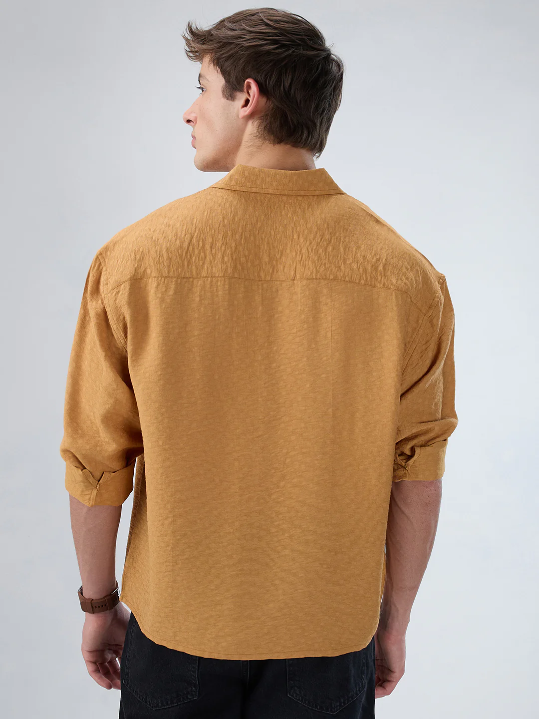 Warm Mustard Sun-Cured Lightweight Textured Boxy Fit Crop Shirt - Image 7
