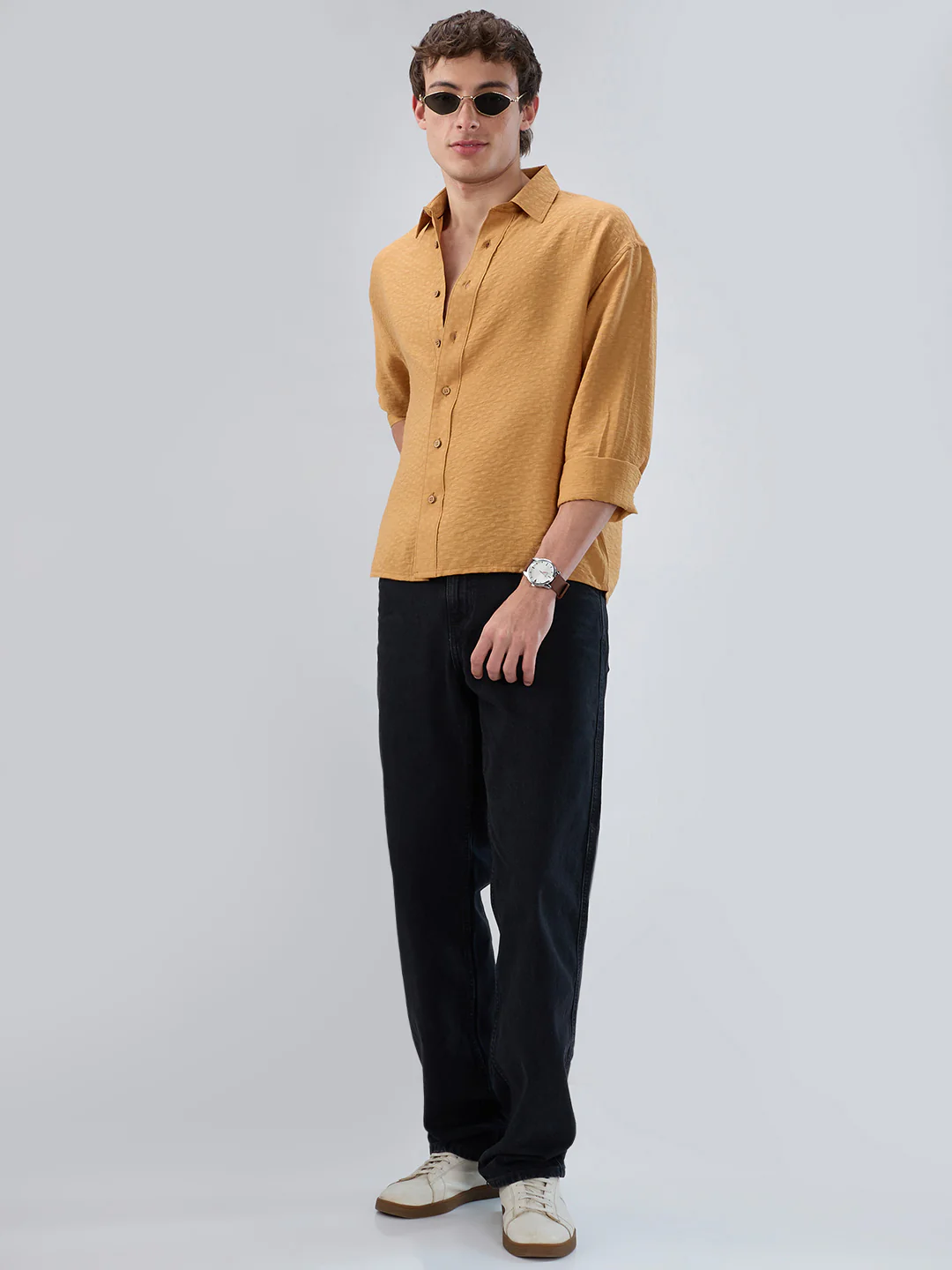 Warm Mustard Sun-Cured Lightweight Textured Boxy Fit Crop Shirt - Image 8
