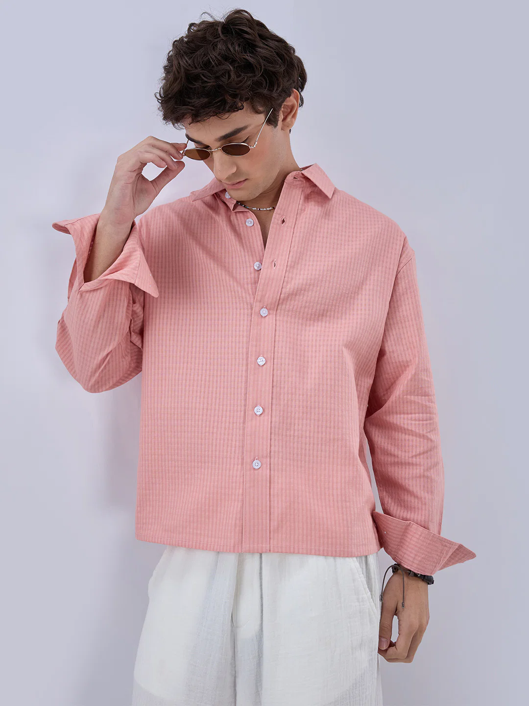 Warm Peach Micro Checks Fine Weave Boxy Fit Crop Shirt