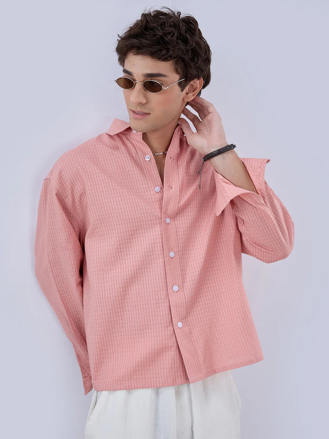 Warm Peach Micro Checks Fine Weave Boxy Fit Crop Shirt - Image 2