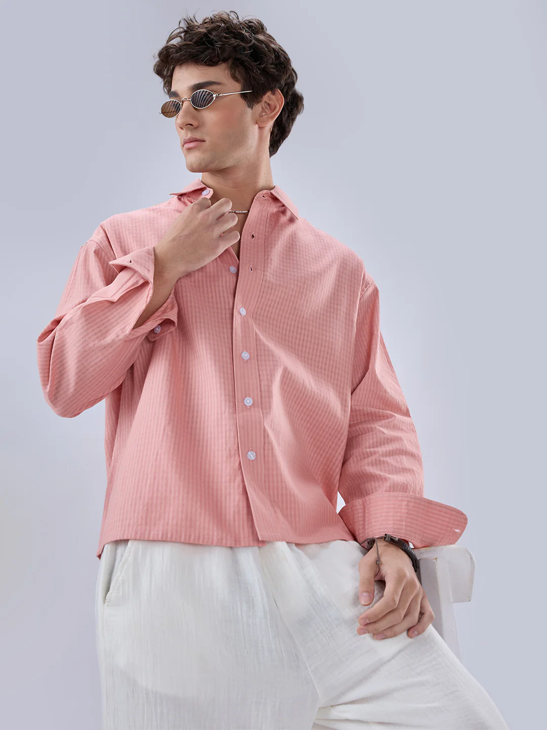 Warm Peach Micro Checks Fine Weave Boxy Fit Crop Shirt - Image 4