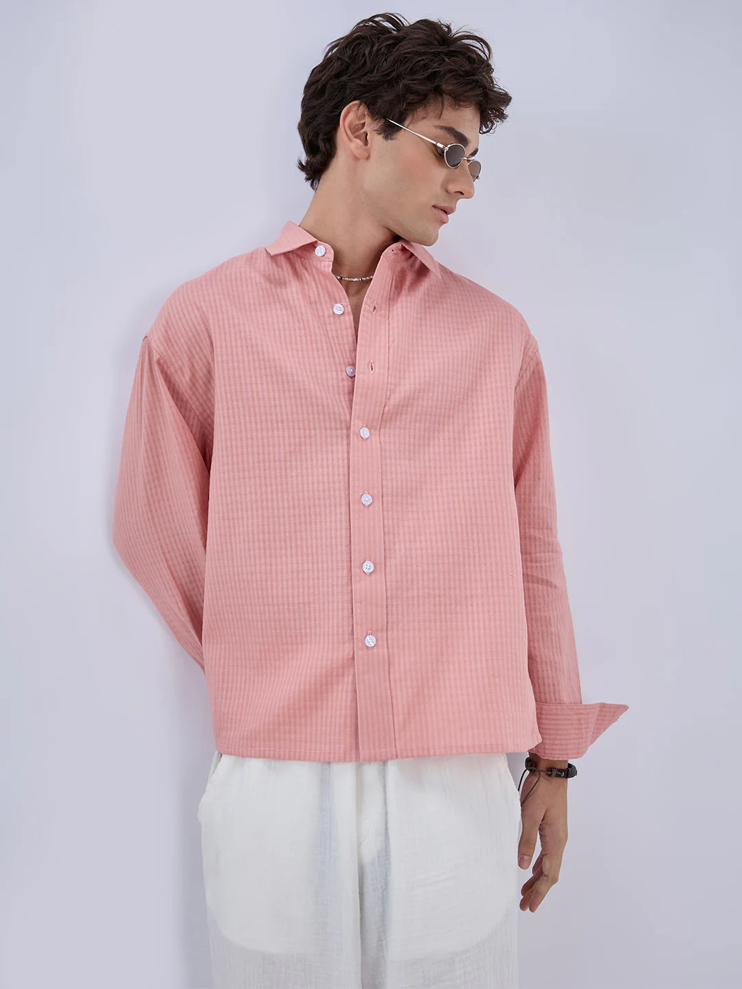 Warm Peach Micro Checks Fine Weave Boxy Fit Crop Shirt - Image 5