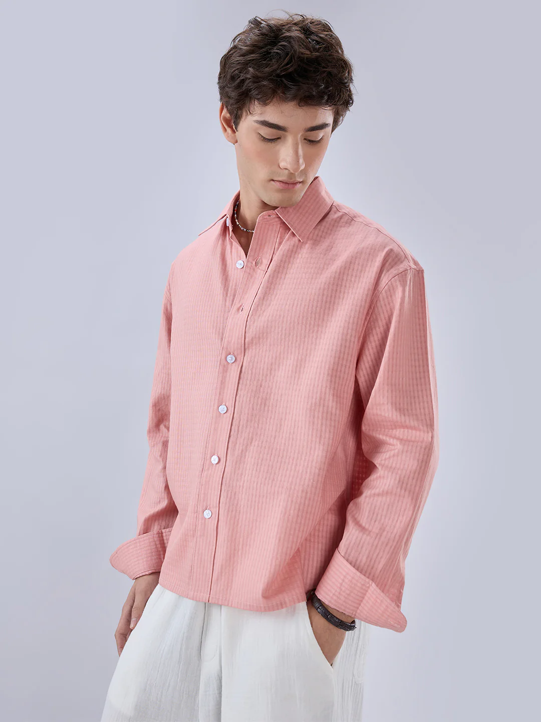 Warm Peach Micro Checks Fine Weave Boxy Fit Crop Shirt - Image 6