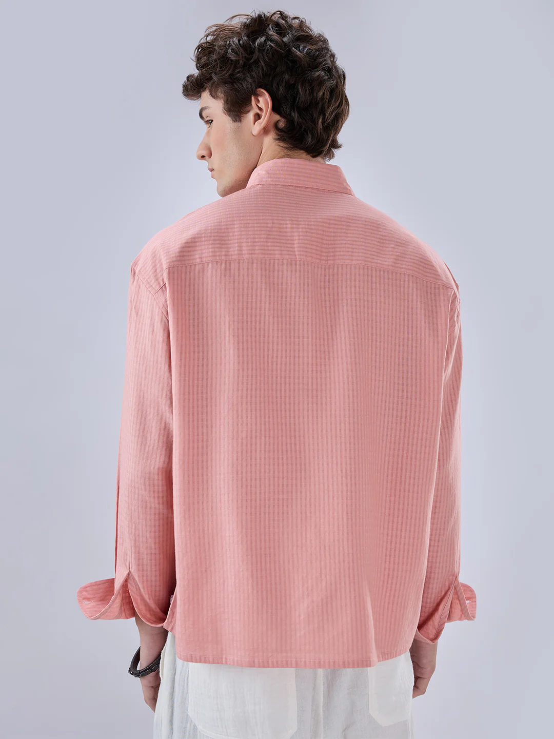 Warm Peach Micro Checks Fine Weave Boxy Fit Crop Shirt - Image 7