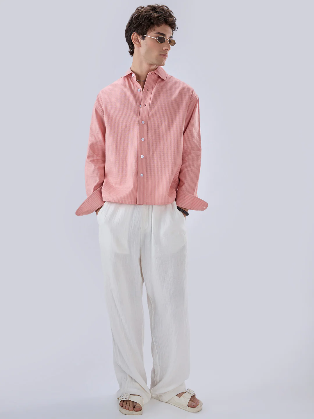 Warm Peach Micro Checks Fine Weave Boxy Fit Crop Shirt - Image 8