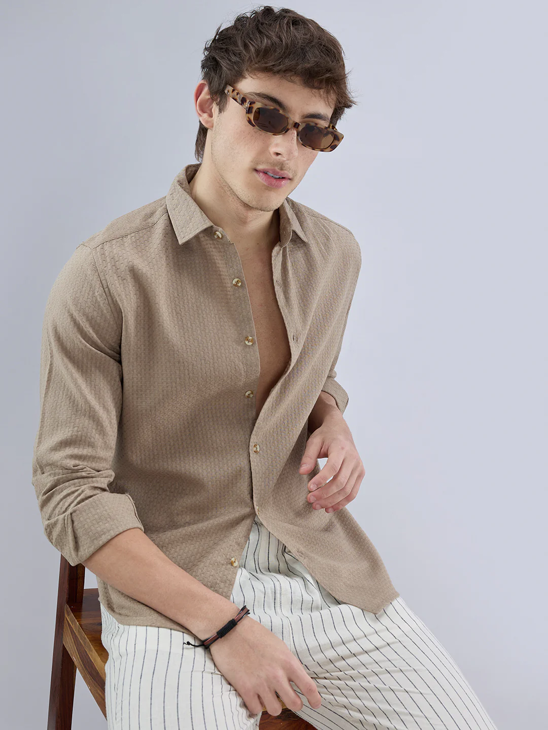 Warm Tan Beige Refined Textured Shirt - Image 2