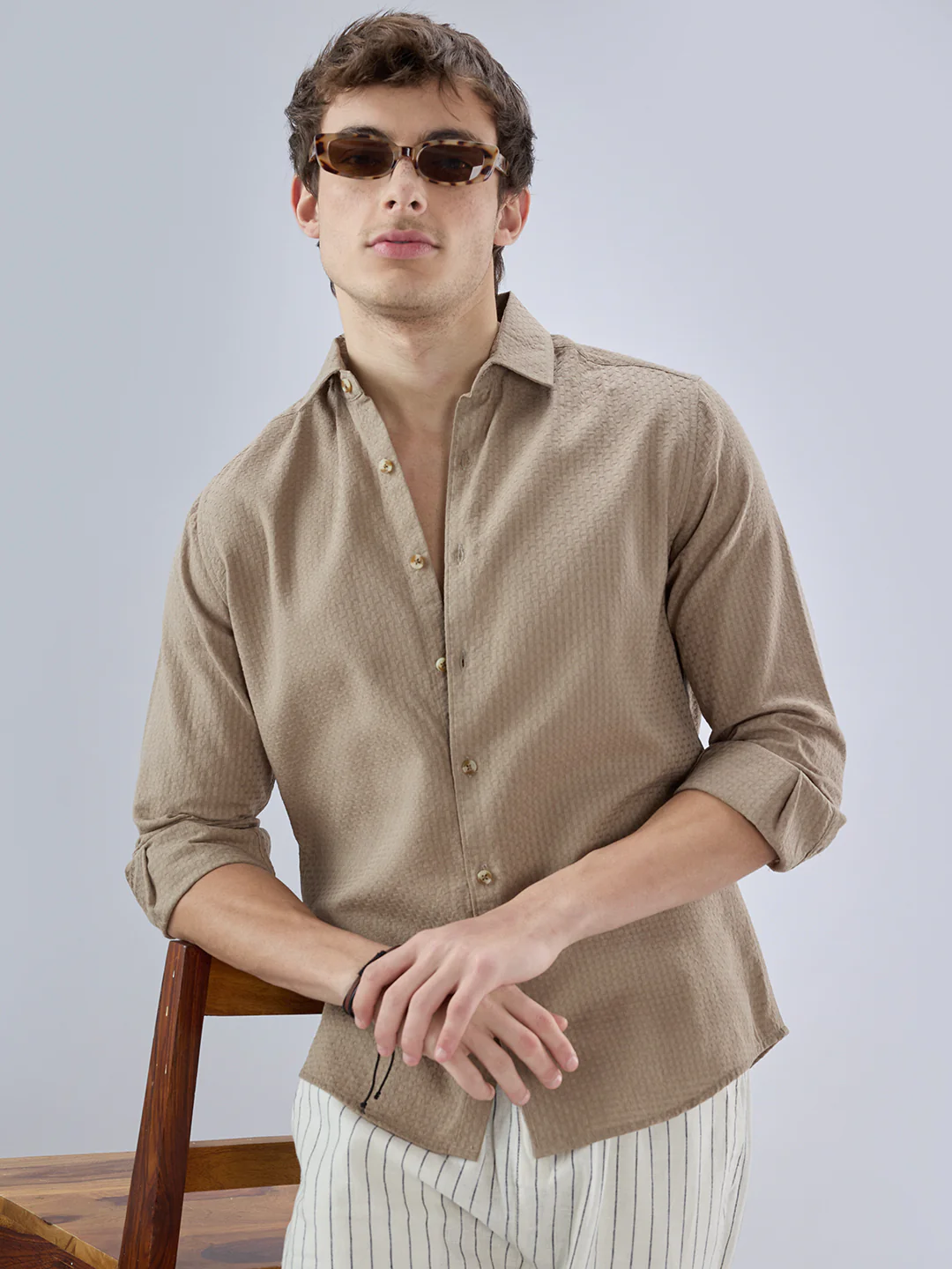 Warm Tan Beige Refined Textured Shirt - Image 4