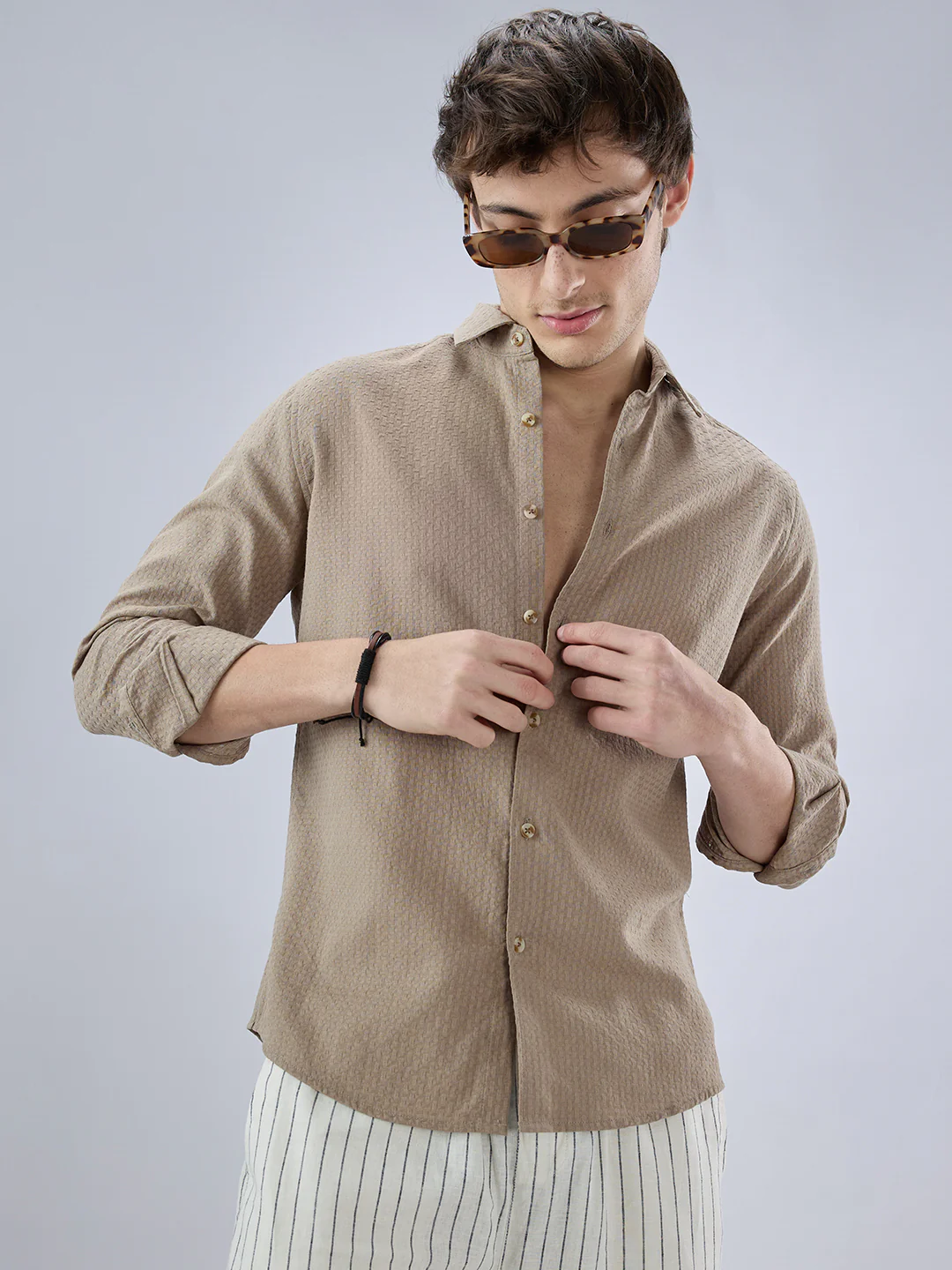 Warm Tan Beige Refined Textured Shirt - Image 5