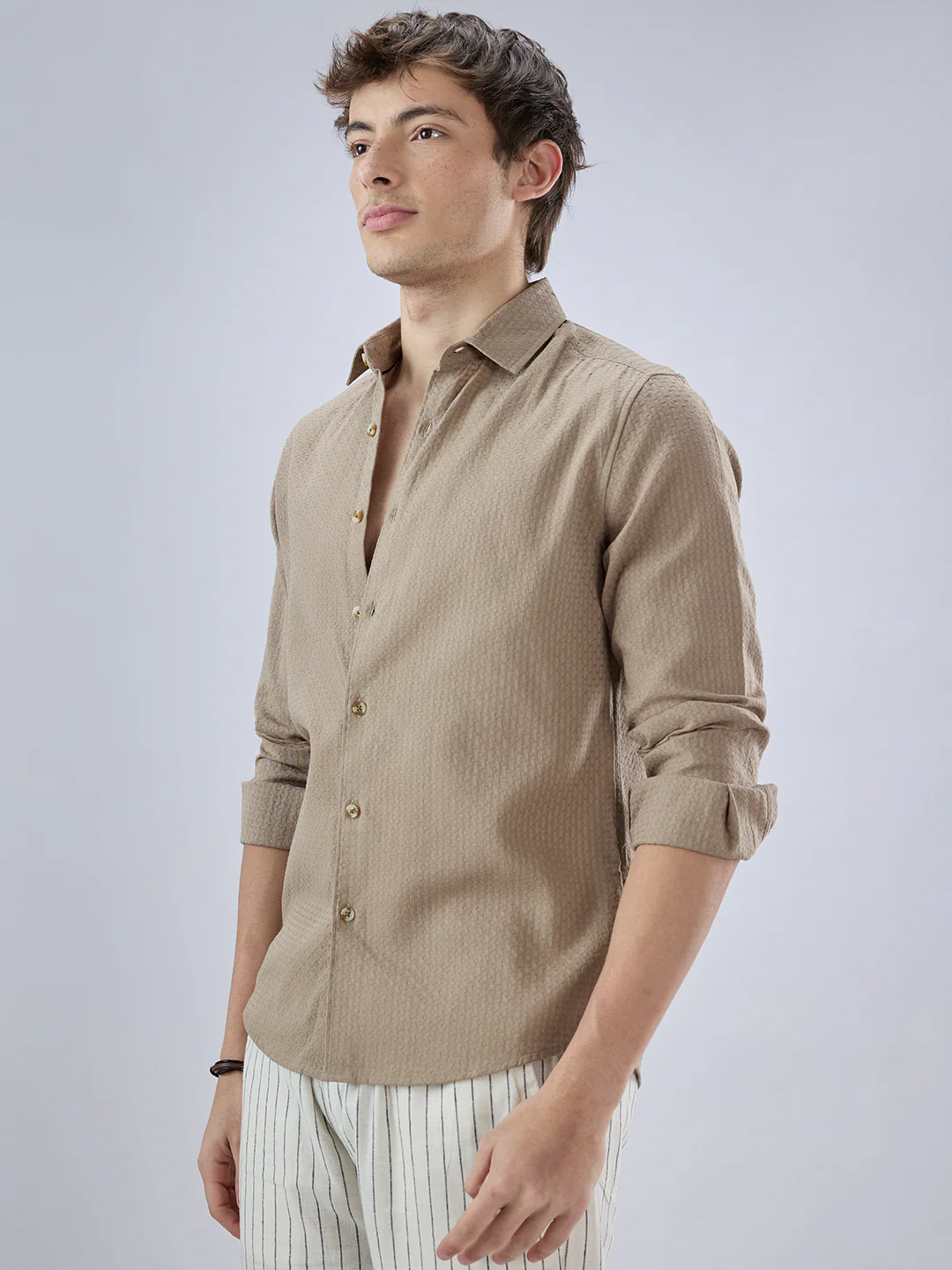 Warm Tan Beige Refined Textured Shirt - Image 6