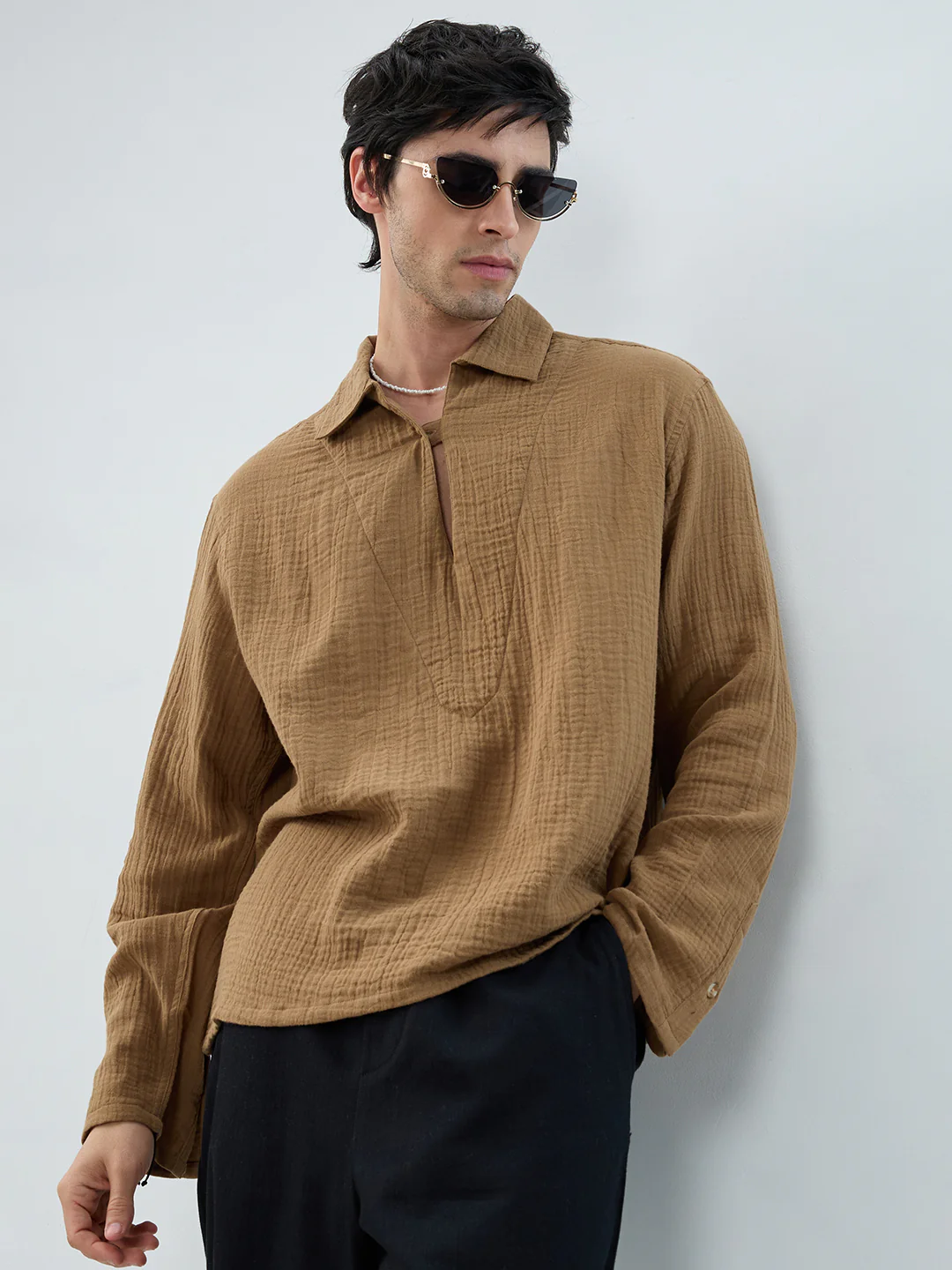 Warm Tan Textured Cuffless Double Cloth Oversized Shirt - Image 2