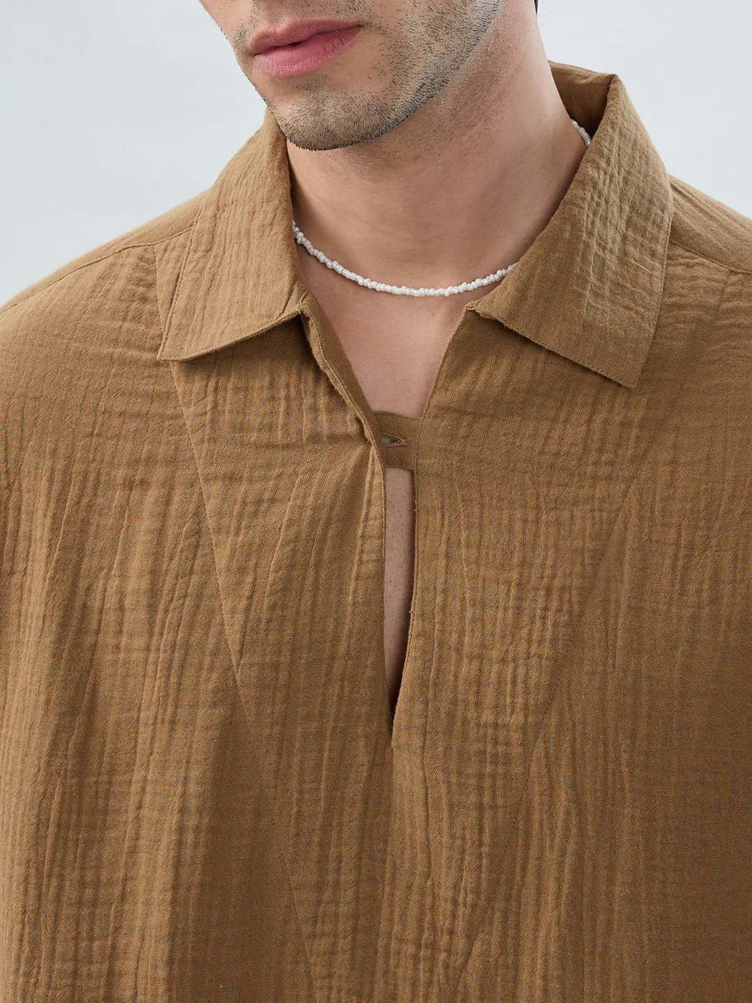 Warm Tan Textured Cuffless Double Cloth Oversized Shirt - Image 3