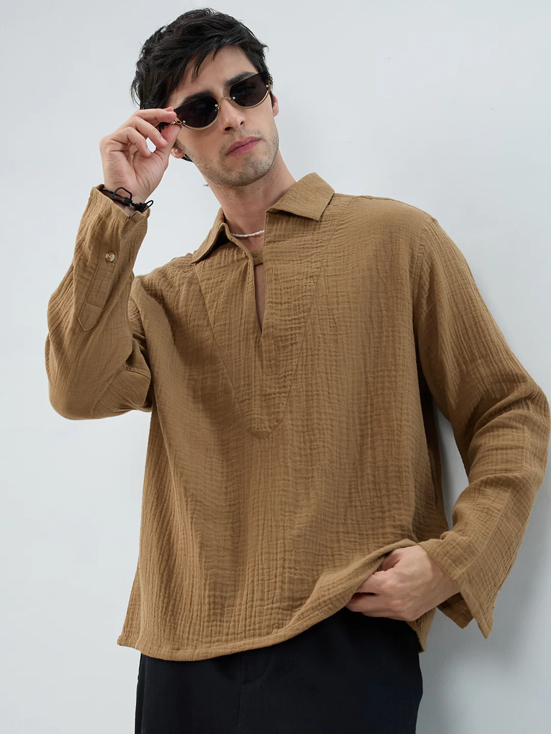 Warm Tan Textured Cuffless Double Cloth Oversized Shirt - Image 4