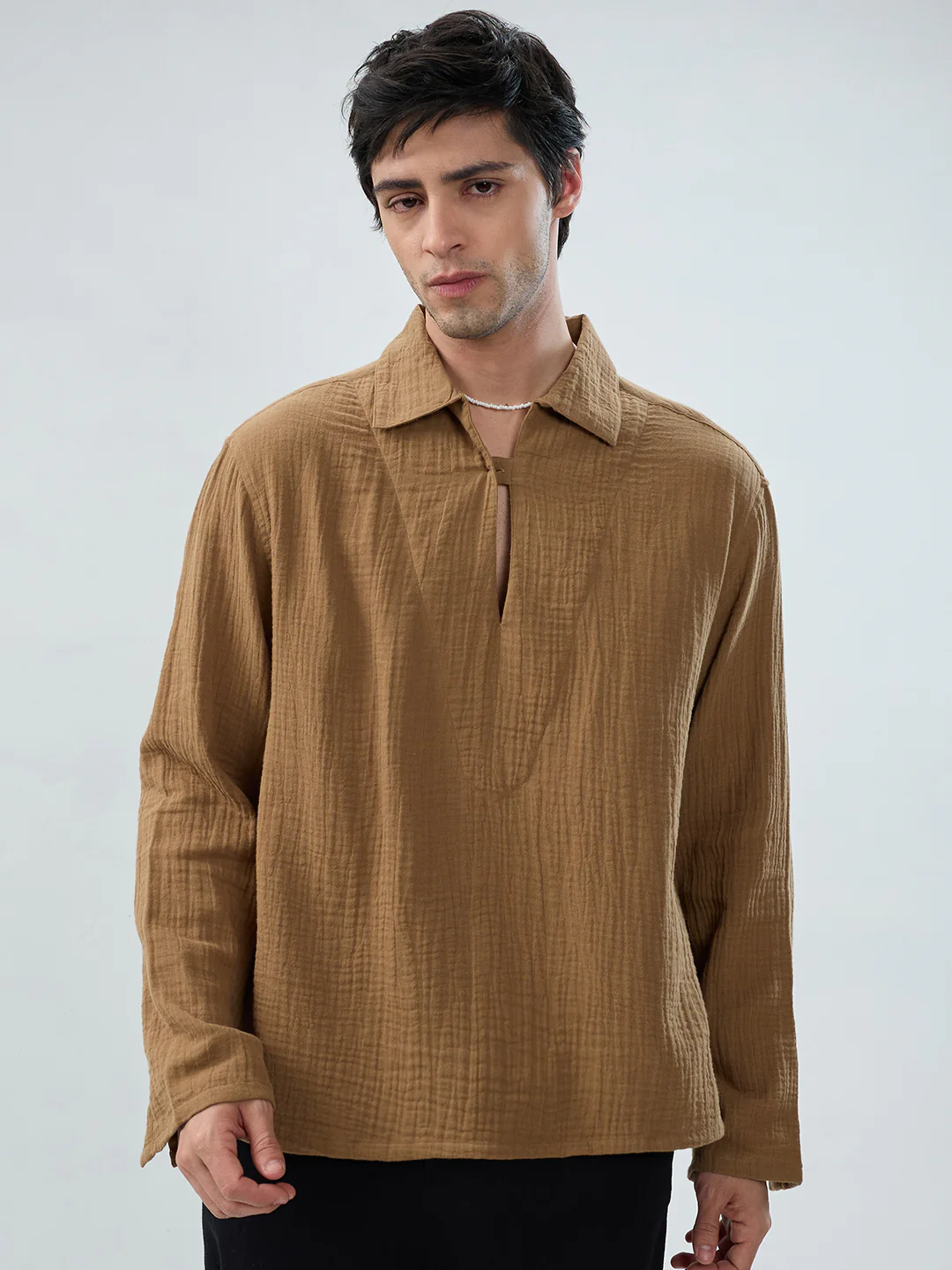 Warm Tan Textured Cuffless Double Cloth Oversized Shirt - Image 5