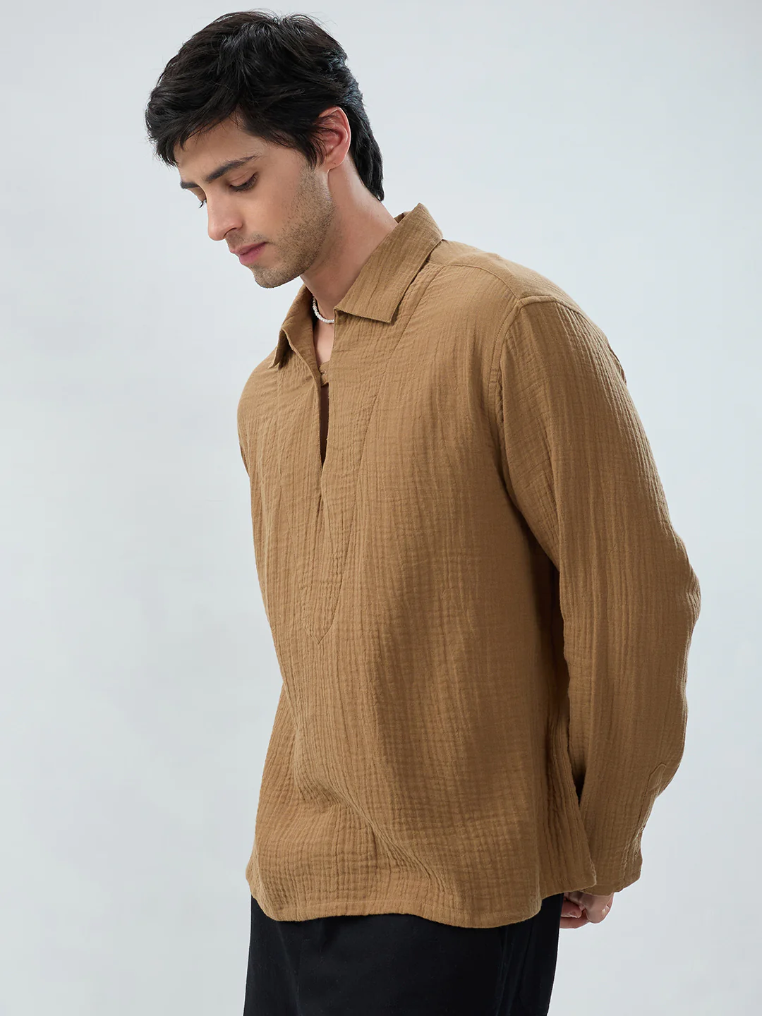 Warm Tan Textured Cuffless Double Cloth Oversized Shirt - Image 6
