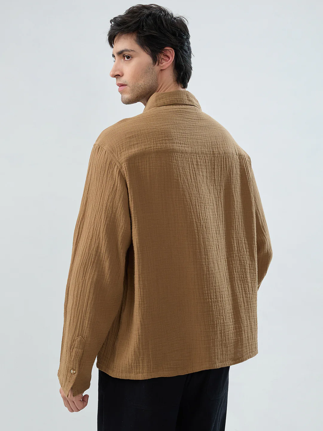 Warm Tan Textured Cuffless Double Cloth Oversized Shirt - Image 7