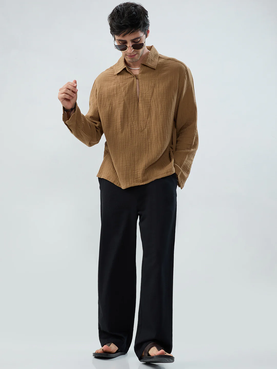 Warm Tan Textured Cuffless Double Cloth Oversized Shirt - Image 8