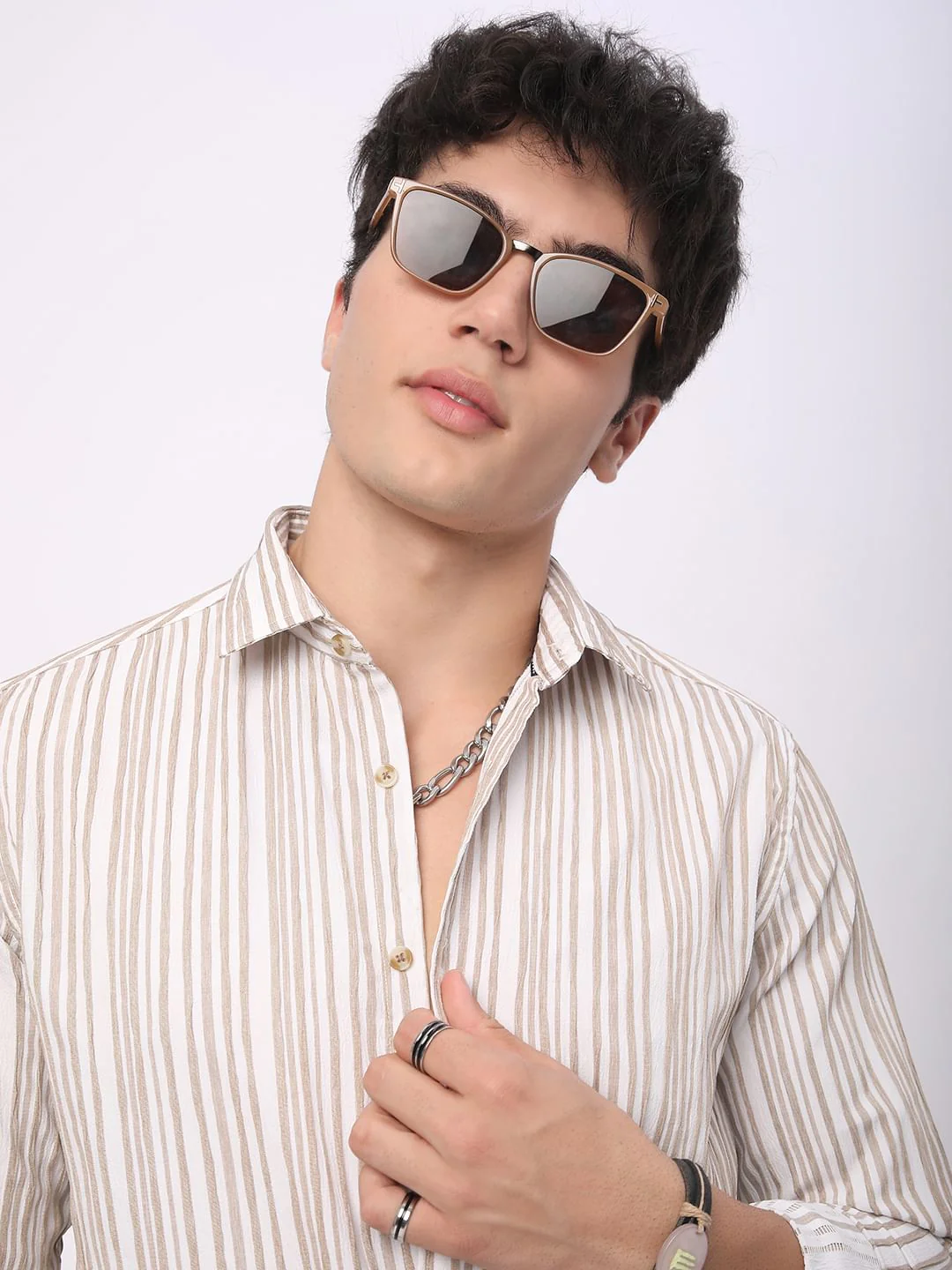 White & Beige Creased Stripe Shirt - Image 2