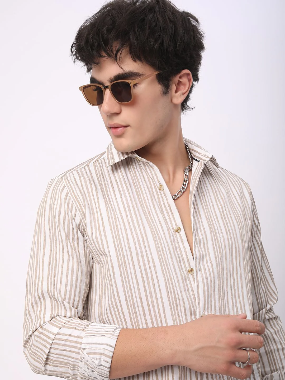 White & Beige Creased Stripe Shirt - Image 3