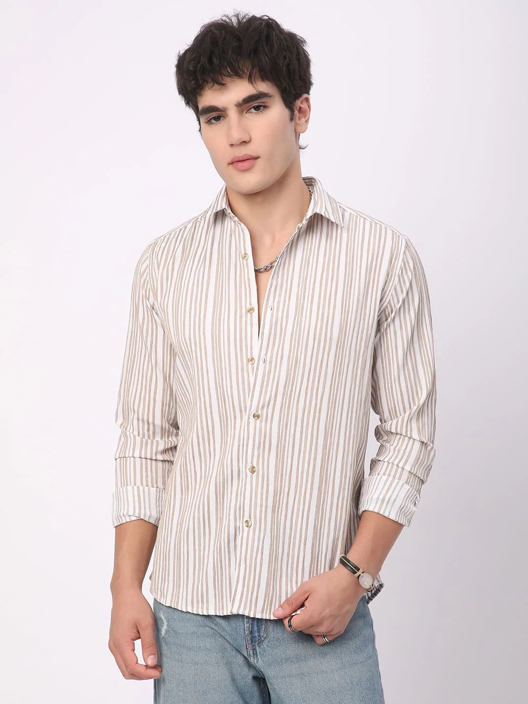 White & Beige Creased Stripe Shirt - Image 5