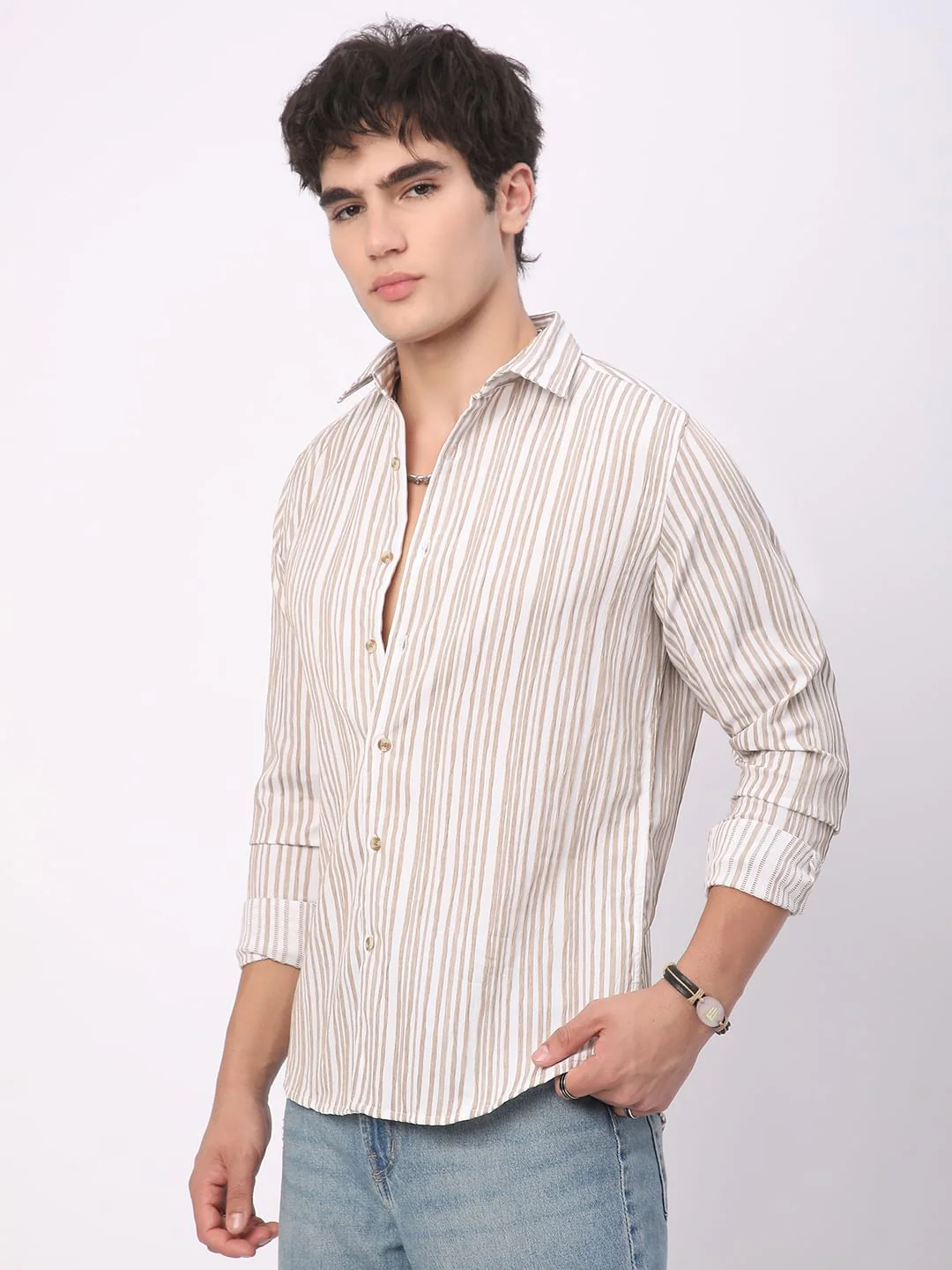 White & Beige Creased Stripe Shirt - Image 6