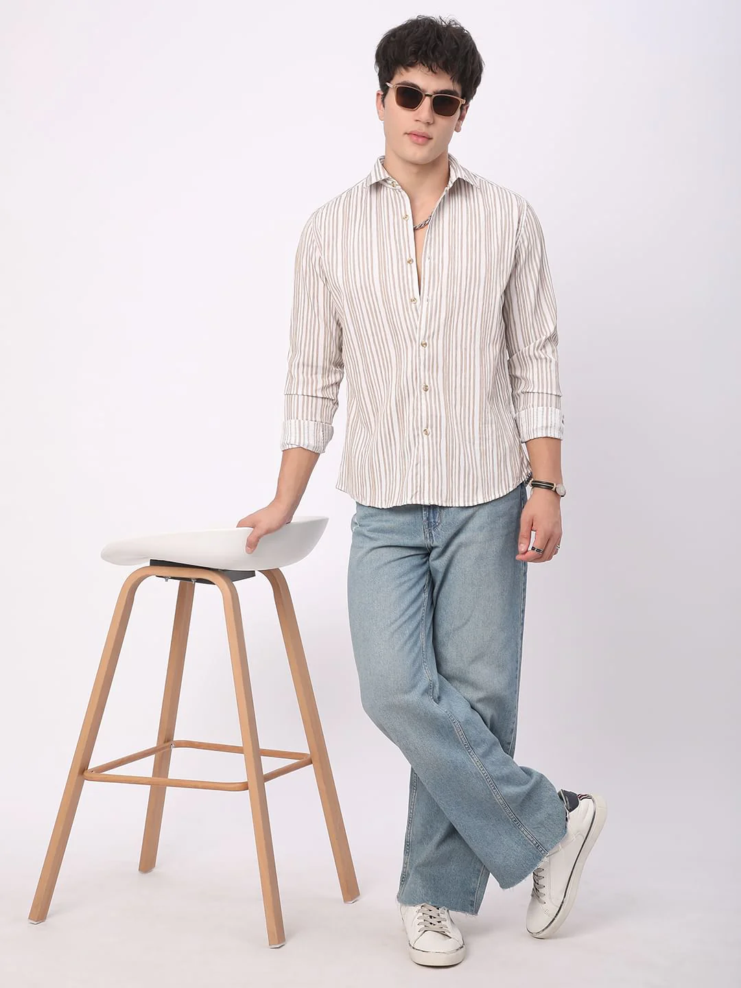 White & Beige Creased Stripe Shirt - Image 8