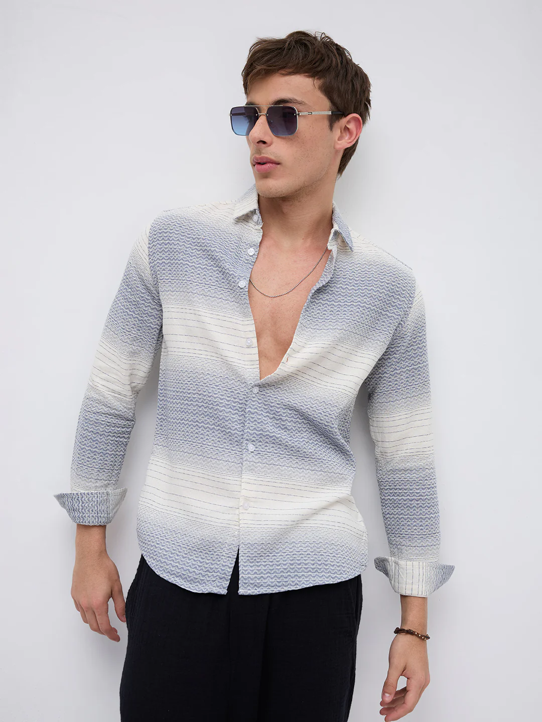 White & Blue Jacquard Wave Pattern Striped Shirt