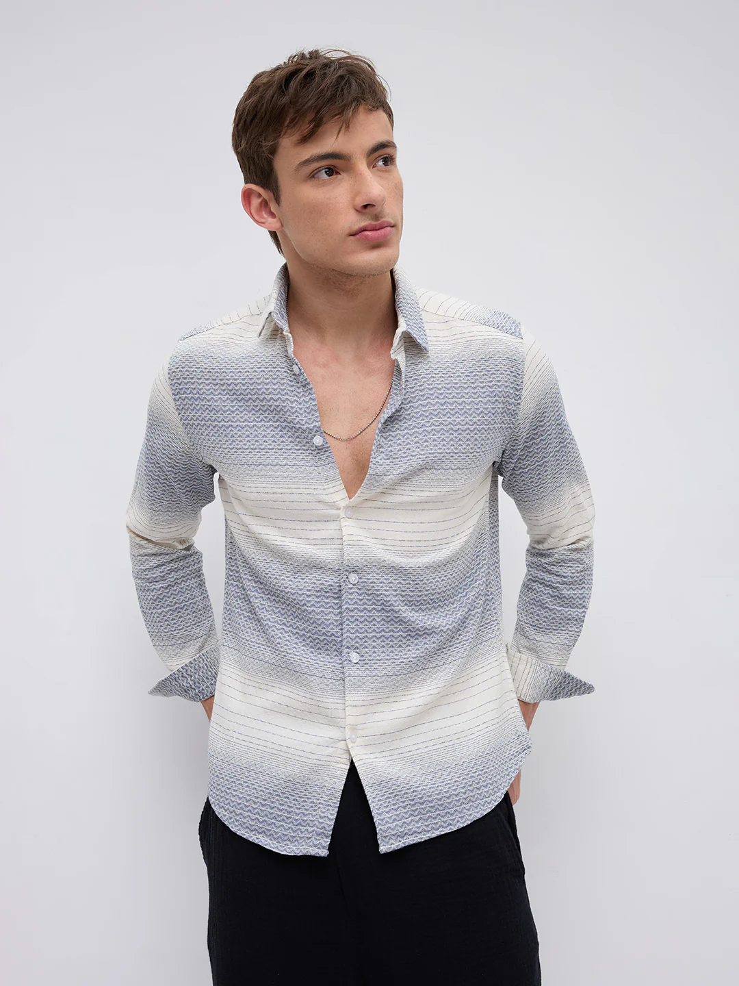 White & Blue Jacquard Wave Pattern Striped Shirt - Image 5