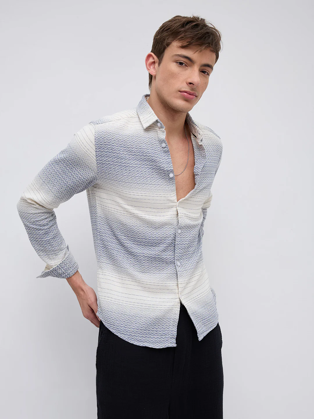 White & Blue Jacquard Wave Pattern Striped Shirt - Image 6