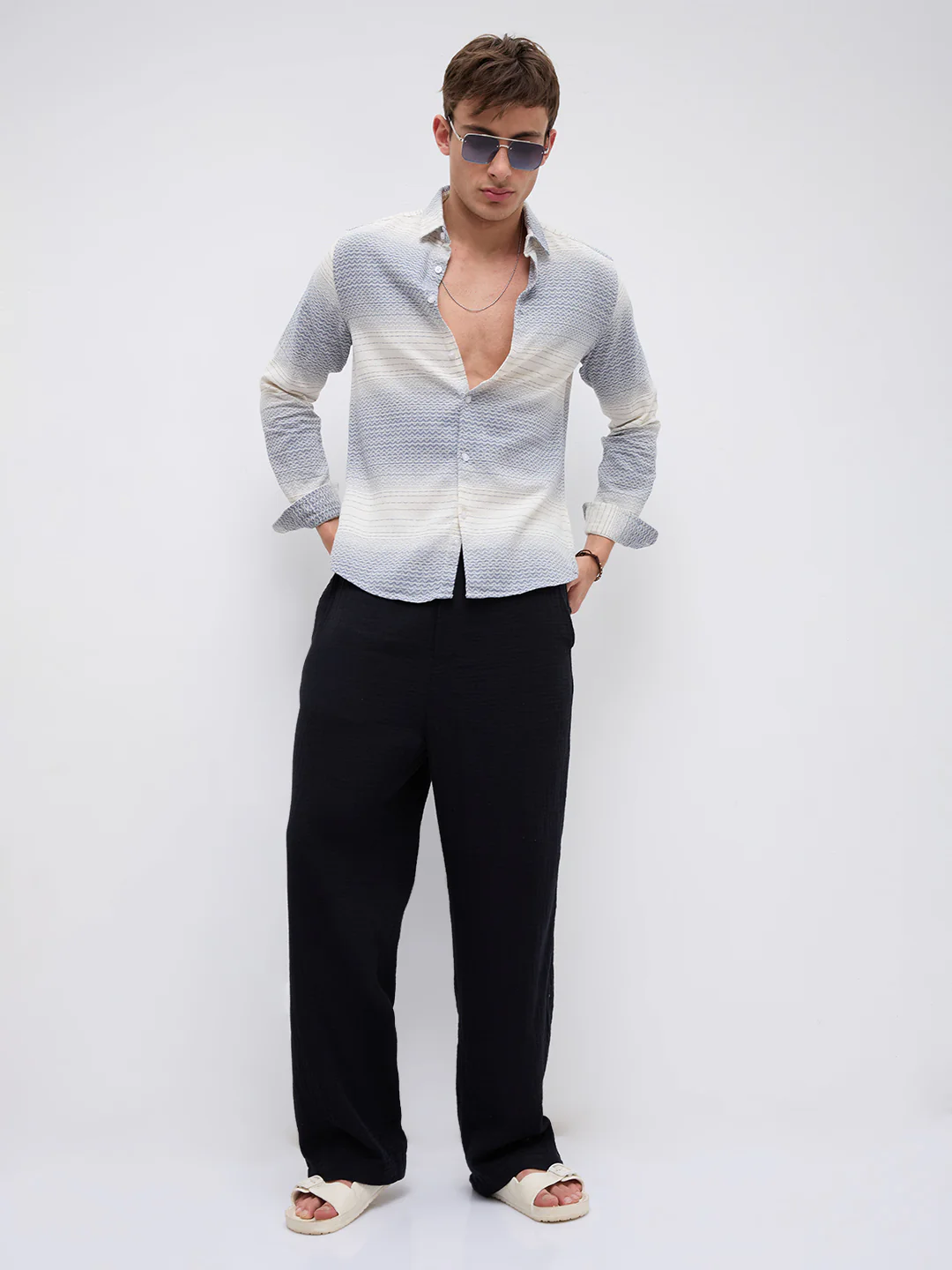 White & Blue Jacquard Wave Pattern Striped Shirt - Image 8