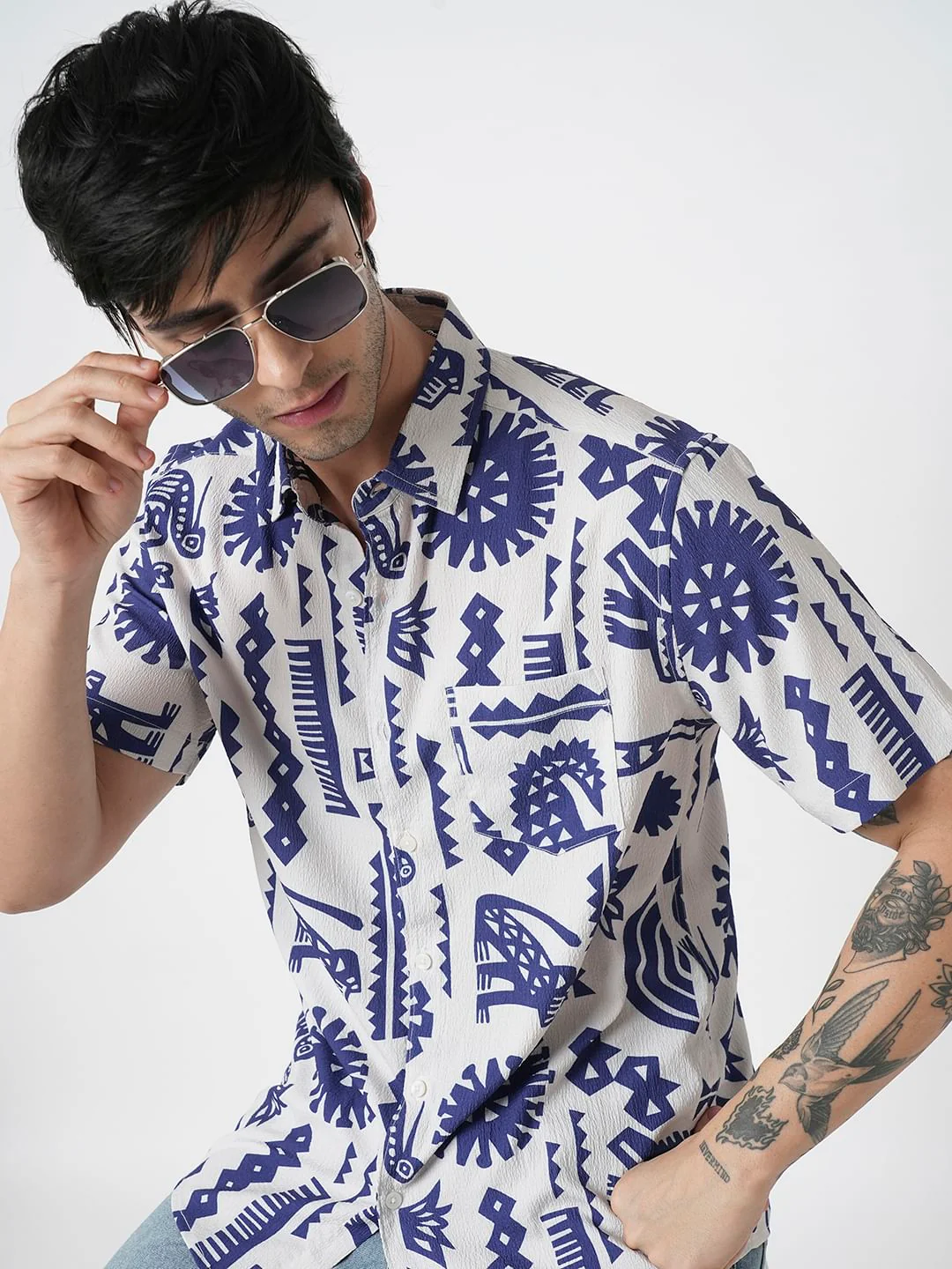 White and Blue Tribal Printed Creased Shirt - Image 2