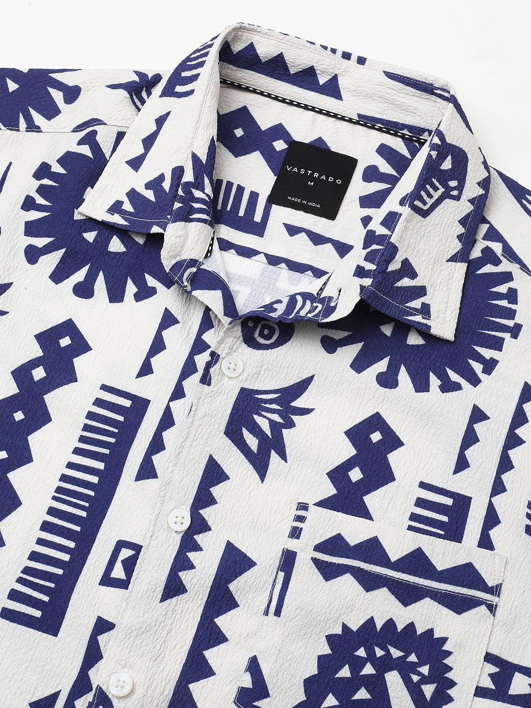 White and Blue Tribal Printed Creased Shirt - Image 3